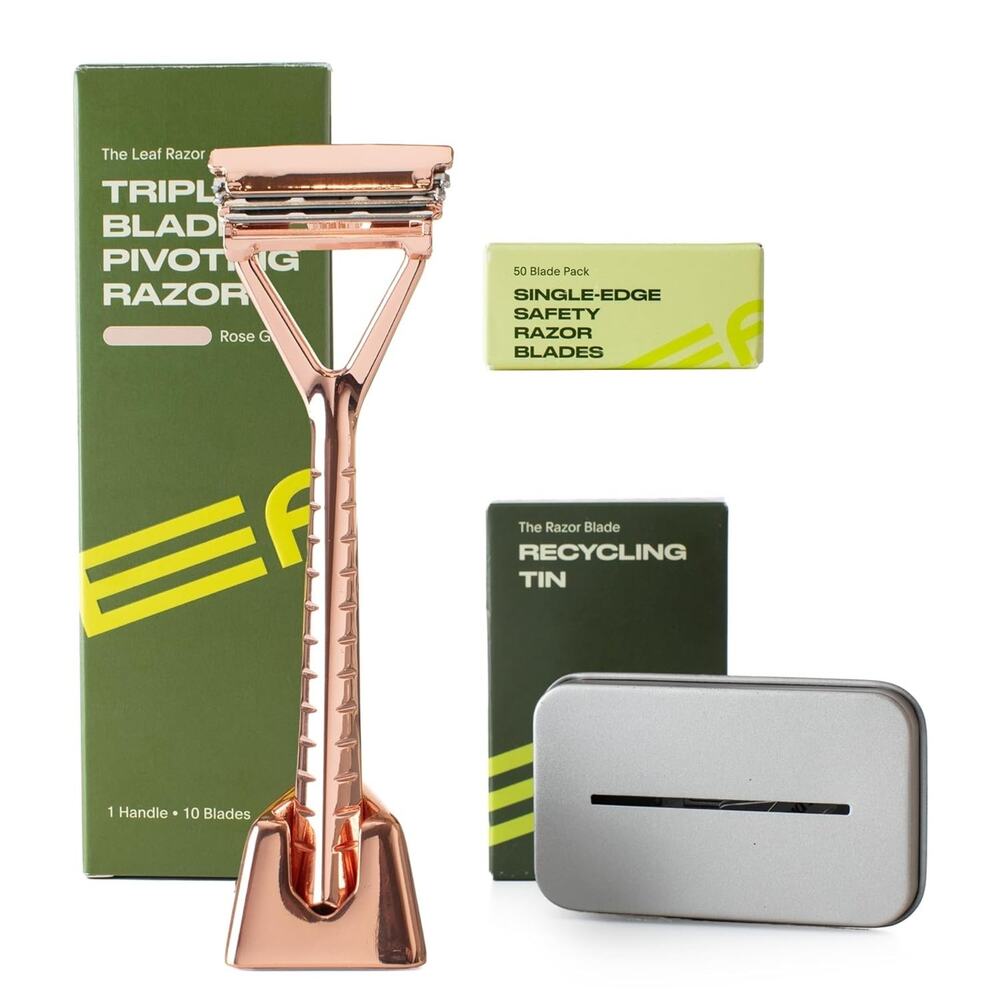 Leaf Shave Unisex Razor SET Rose Gold Safety Razor, Stand ,50 Blades Unisex New